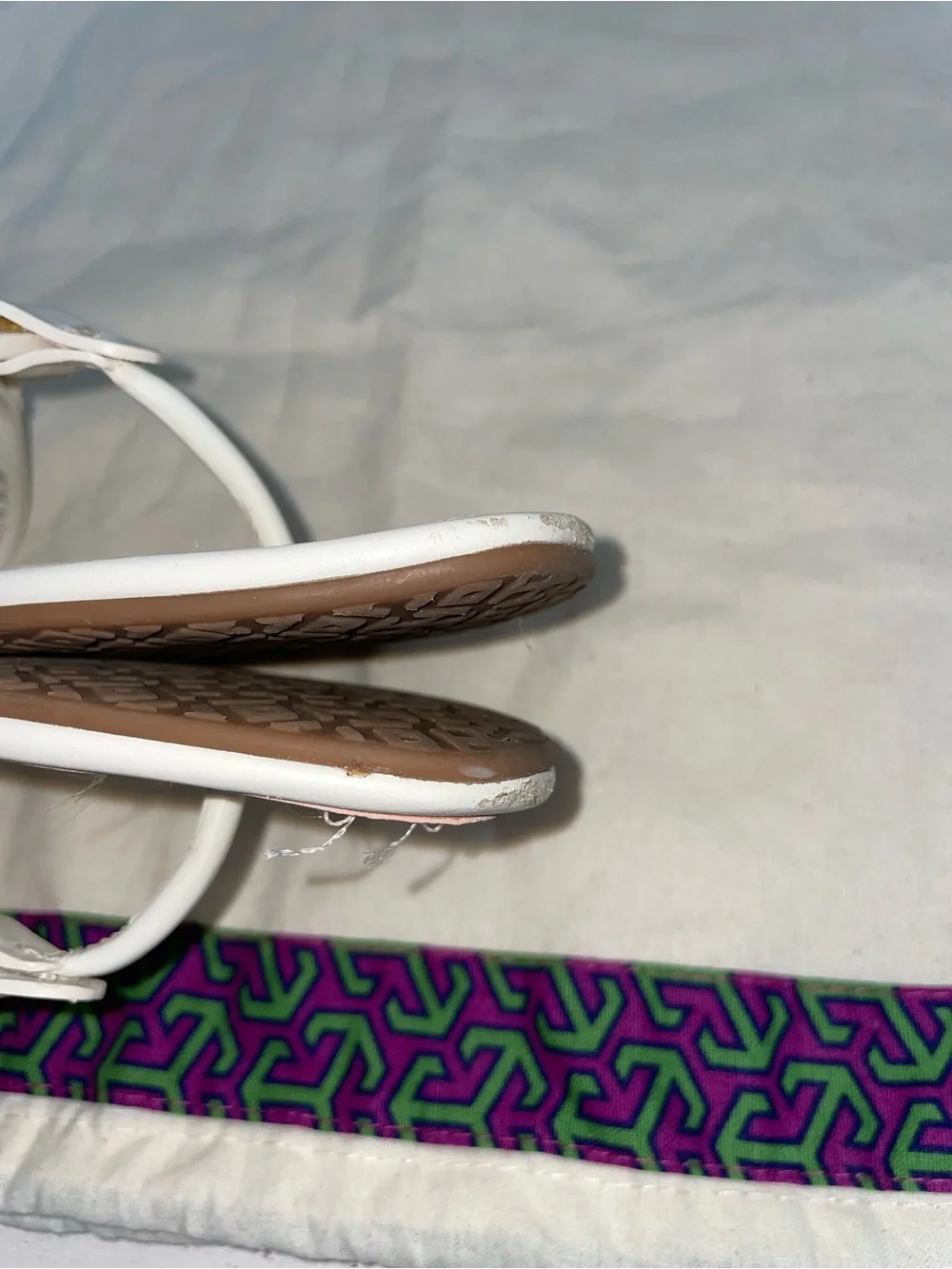 Tory Burch White Leather Gold Logo Thong Sandals